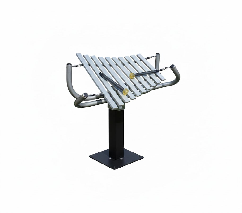 Aria Outdoor Musical Park Instrument with nine aluminum keys, powder-coated steel frame, single post, and two mallets for outdoor play