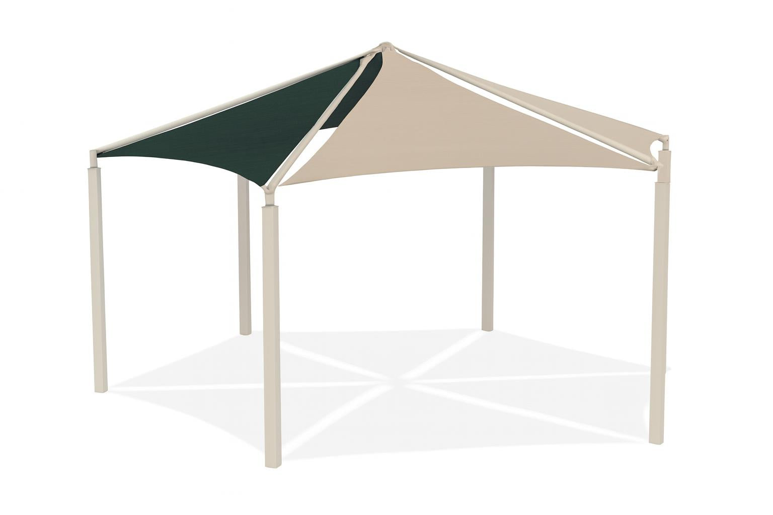 Hexagon Multi-panel Shade Structure with beige and dark green fabric panels supported by six beige posts providing sun protection