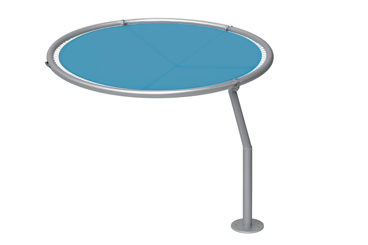 Cantilever Disc Shade Structure with circular blue fabric shade and sleek curved gray metal support column