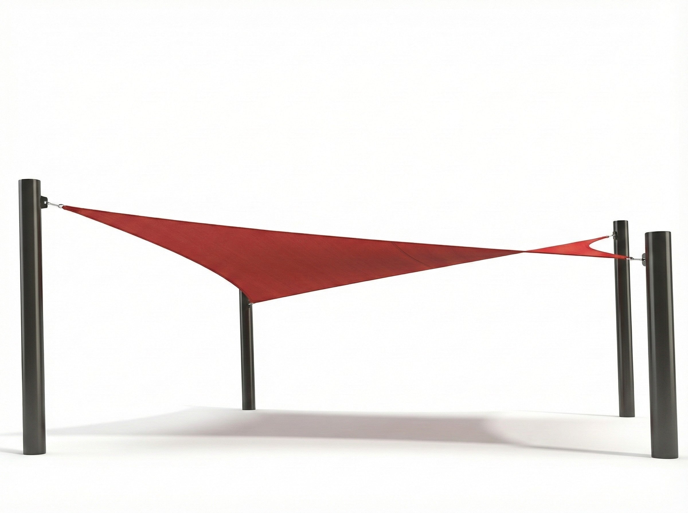 4 Point Hypar Sail Shade Structure with red hyperbolic fabric stretched between four black metal columns