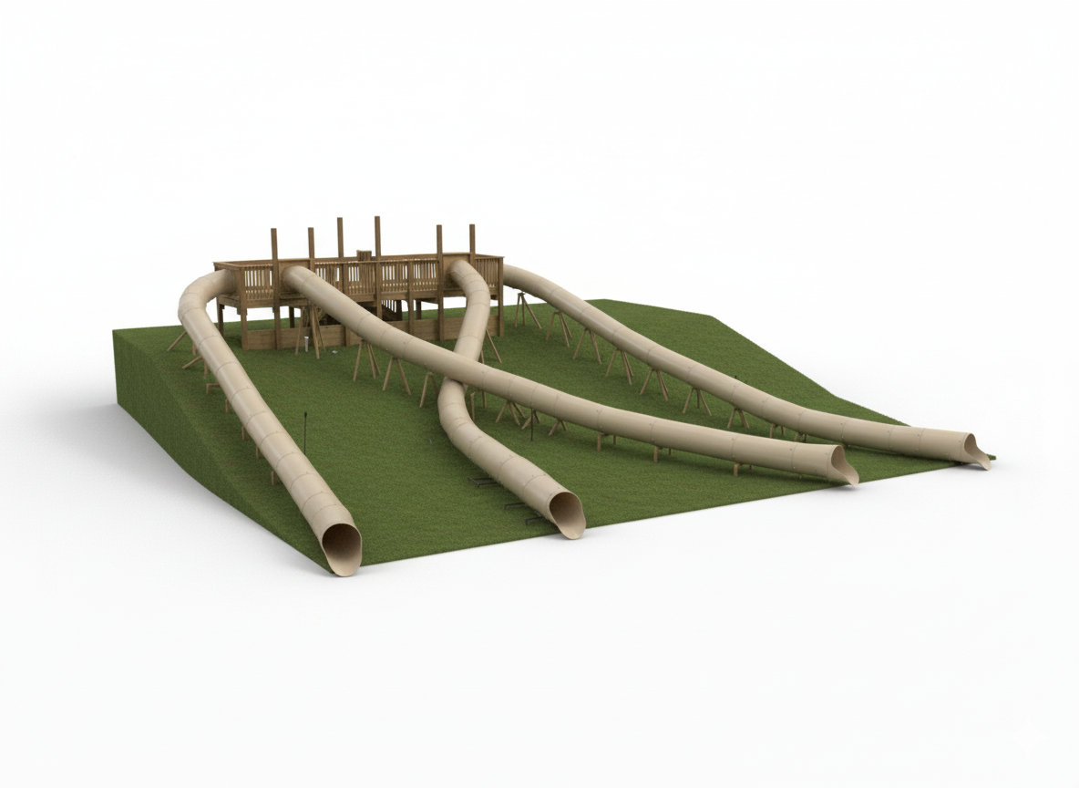 Custom Commercial Water Custom Hill Slide with three beige enclosed flume slides descending a grassy slope from a wooden platform