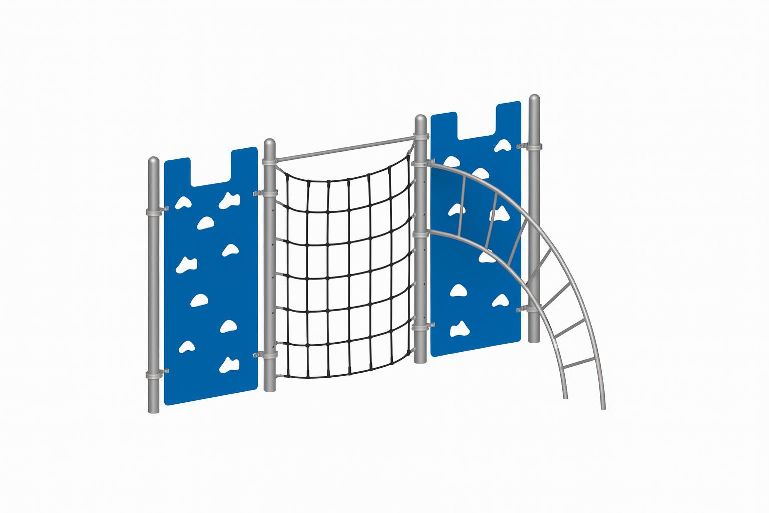 Hercules VI Climber with blue climbing walls, black net climber, and curved silver arch ladder playground equipment