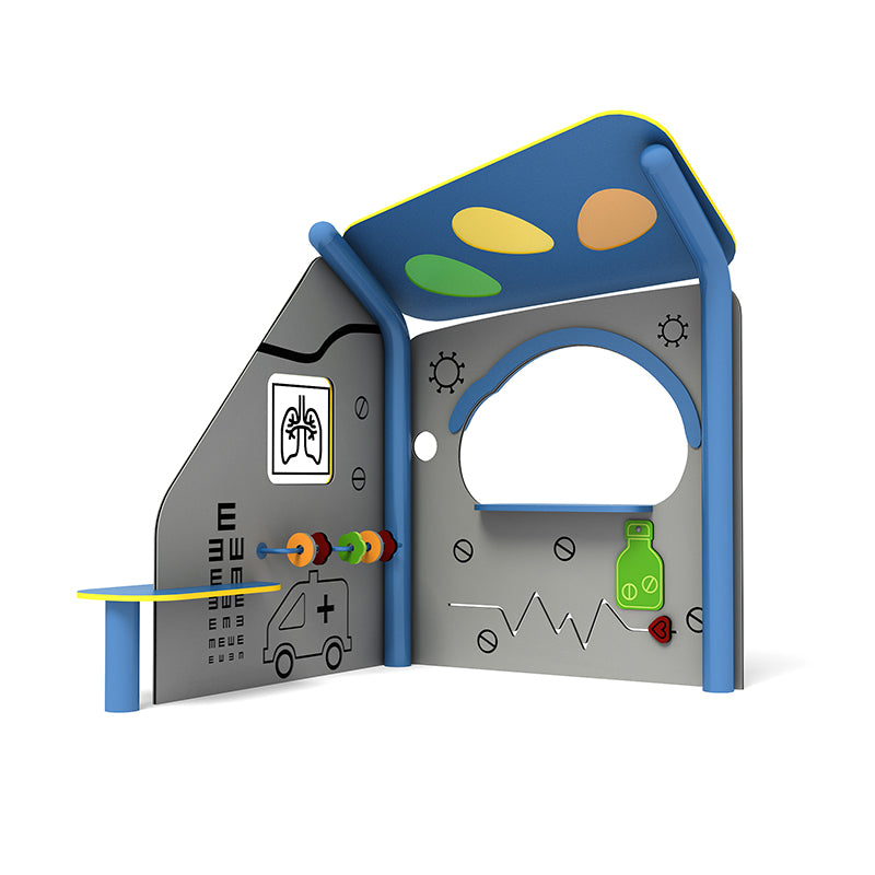 Compact children's doctor's office playset with colorful interactive medical panels, shapes, and activity features for imaginative role play.