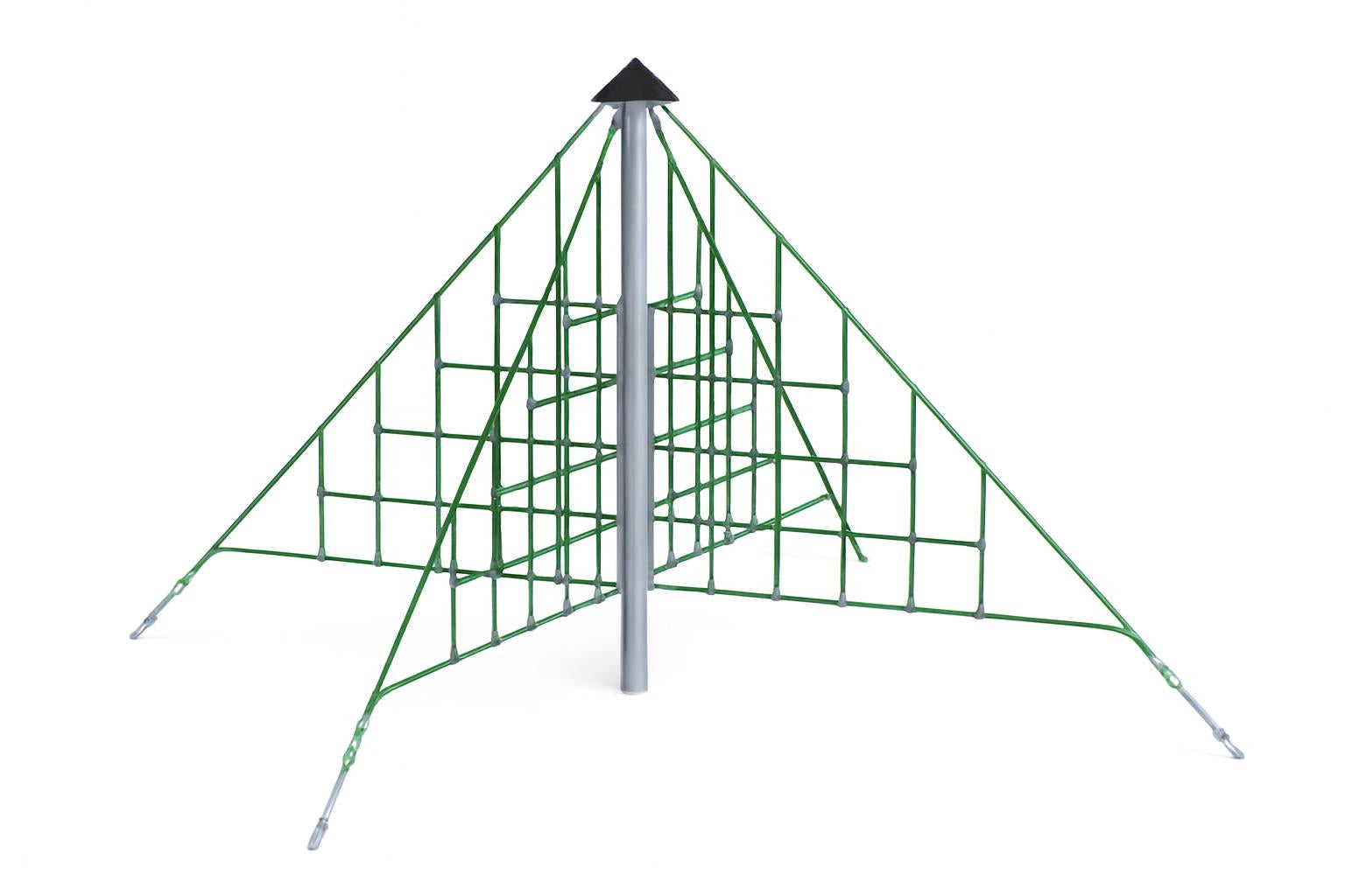 Mini X-Pyramid climbing equipment with green rope netting forming two perpendicular planes around a central metal pole