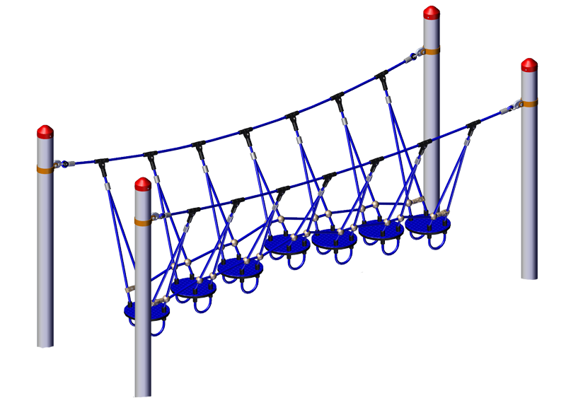 Wobble Disk Adventure Bridge with blue circular wobble disks suspended by ropes between galvanized steel posts for climbing and balance play