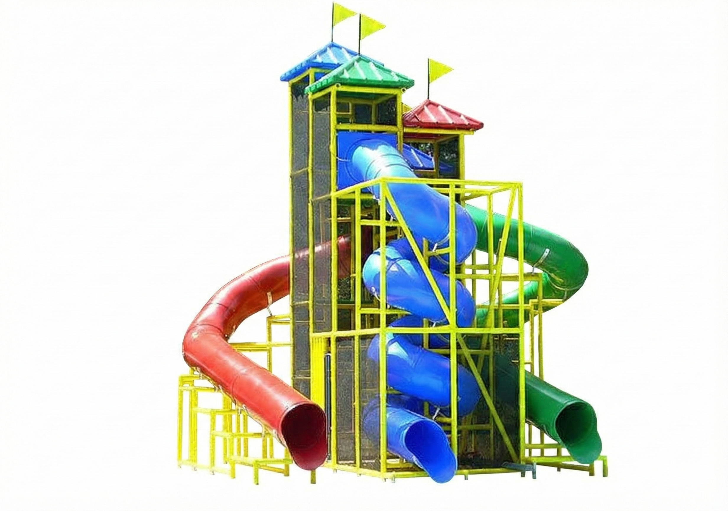 The Atlantic Ocean Water Slide with yellow framework featuring red and blue spiral slides and a green curved tube slide by a pool