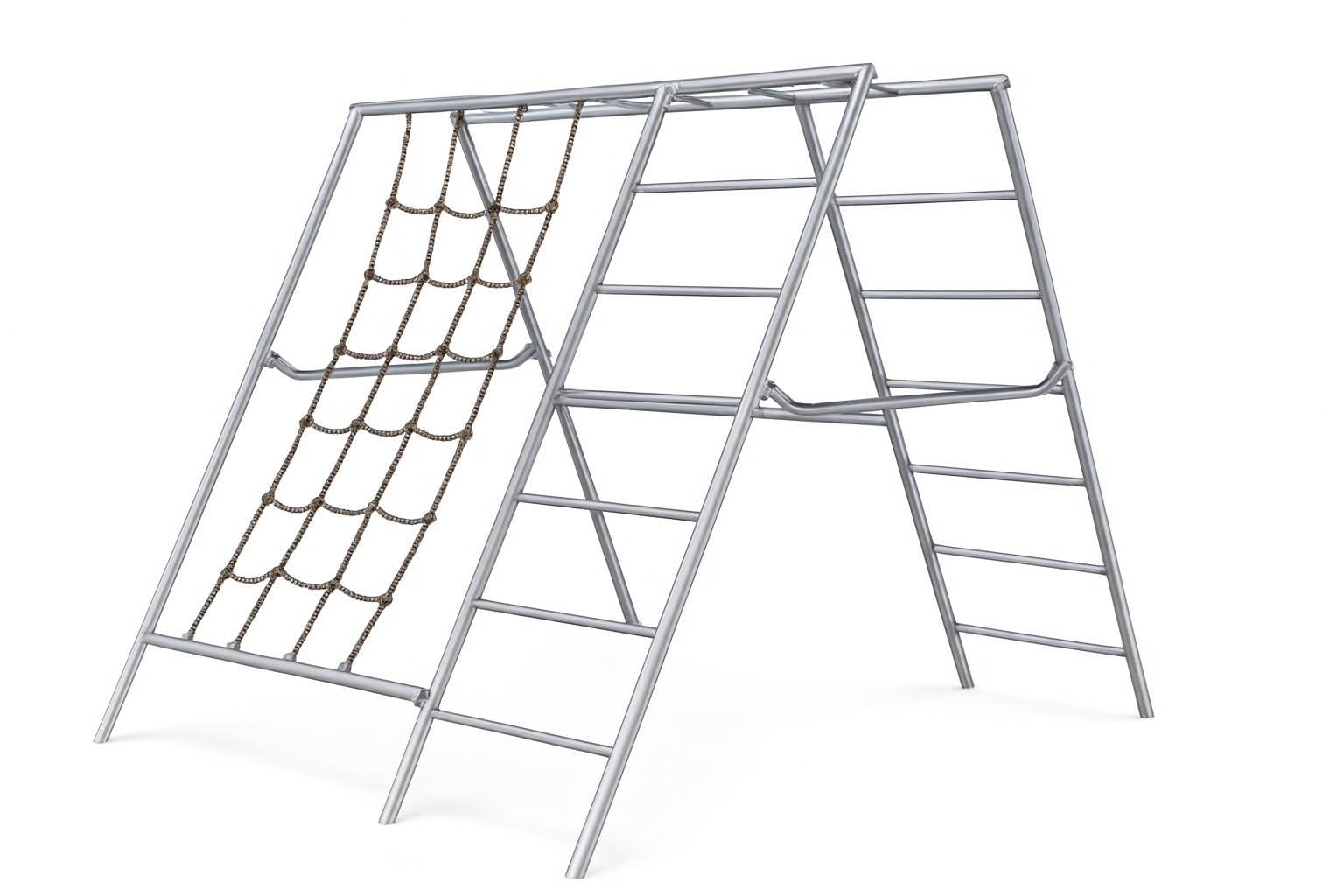 Net Climber galvanized steel pipe climbing frame with plastic-covered climbing net and sloped ladder sides on wood chip ground outdoors