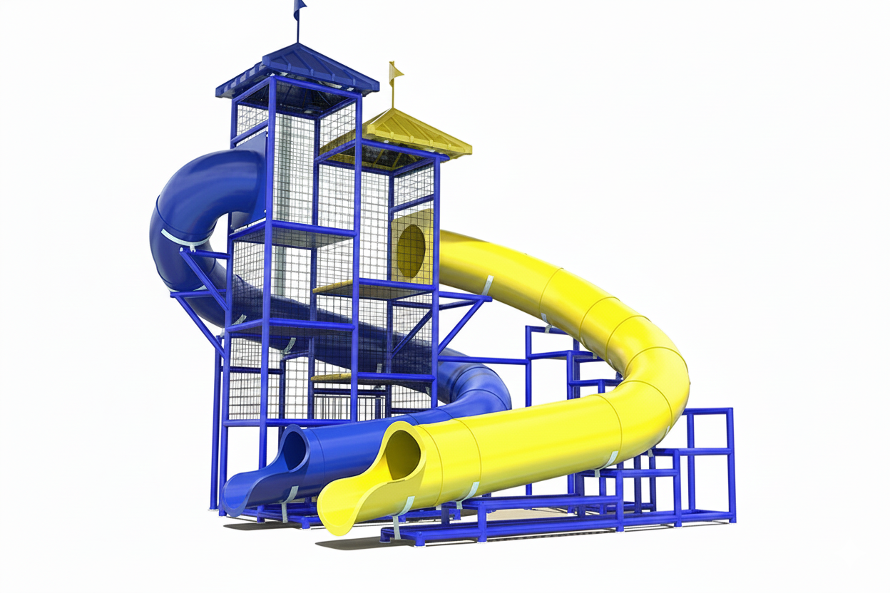 Lake Superior Water Slide with dual curved blue and yellow slides, blue metal frame, and covered platforms at poolside