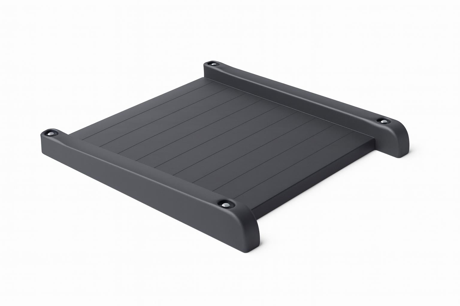 ADA Accessible Half Ramp with black textured surface and raised edges, wheelchair accessible playground ramp bordered by mulch and wood chips