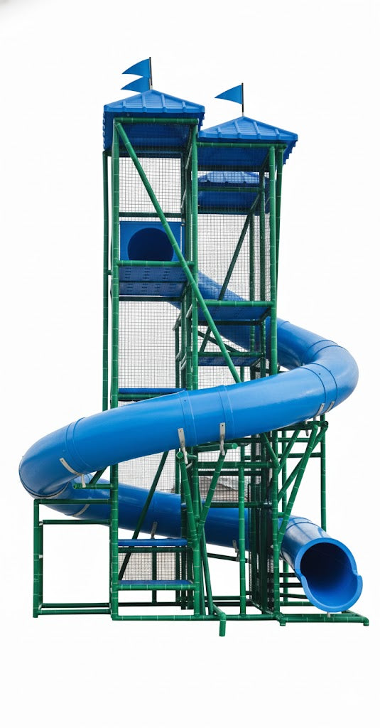 The Mediterranean Sea Water Slide with tall blue spiral flume, dual towers topped with blue roofs and safety netting beside a pool under a partly cloudy sky