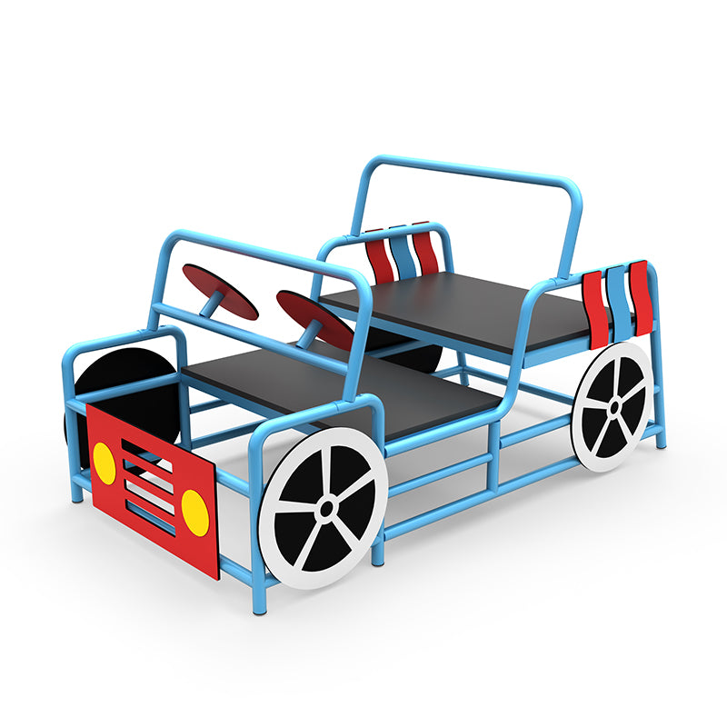 Beep Beep Sensory Integration Training Jeep with blue frame, black seats, red steering wheels, and decorative wheels for group outdoor play