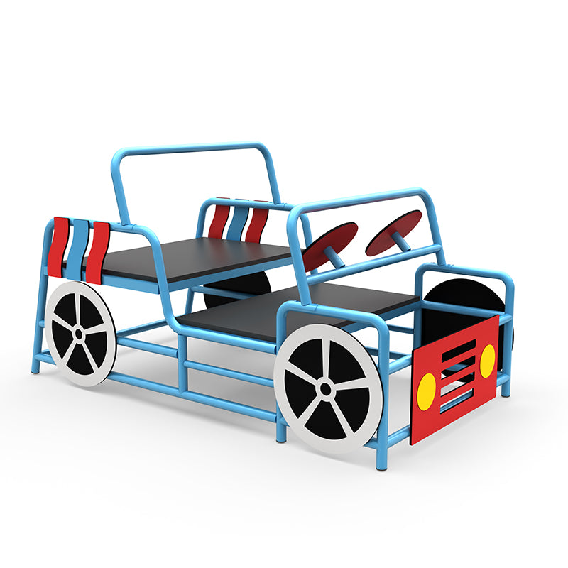 Blue metal frame children's ride-on Jeep with black seats, red steering wheels, and red and white patterned wheels