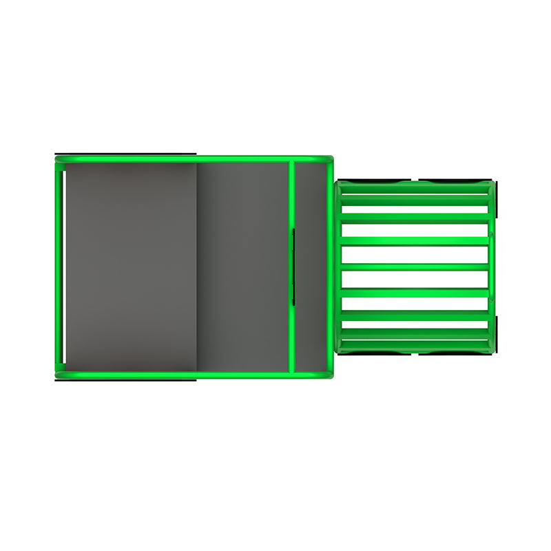 Overhead view of a green and gray sensory integration ride-on train with a slatted front section designed for group play and teamwork.