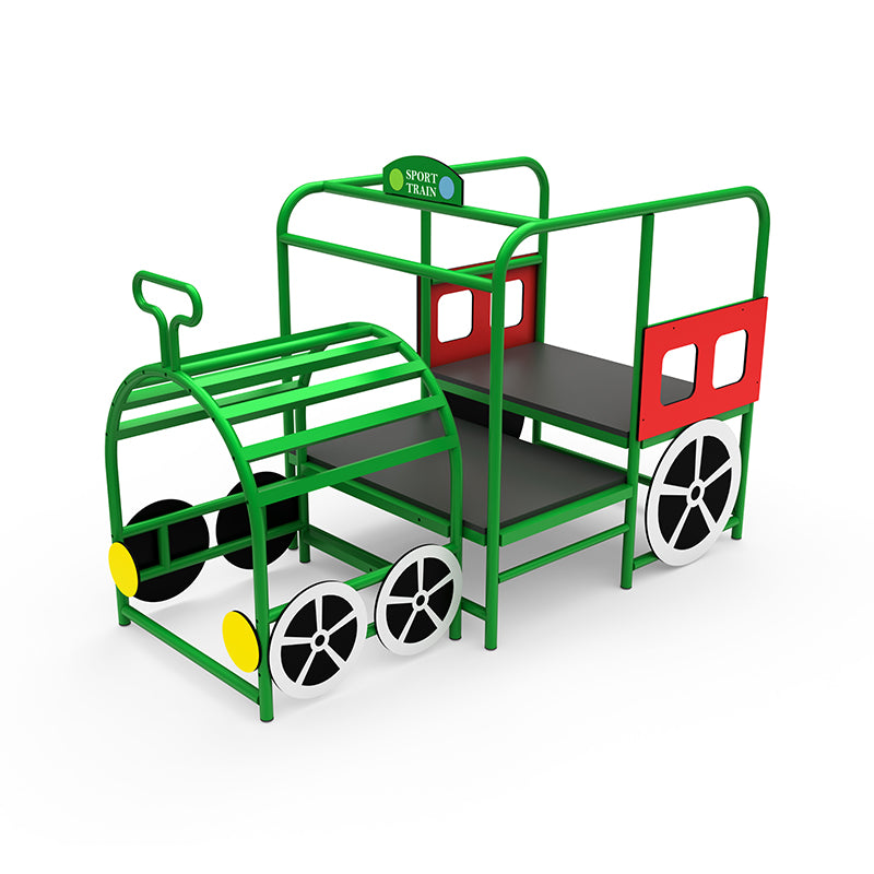 Green and red metal sensory integration play train with black and white wheels and open seating for group interaction