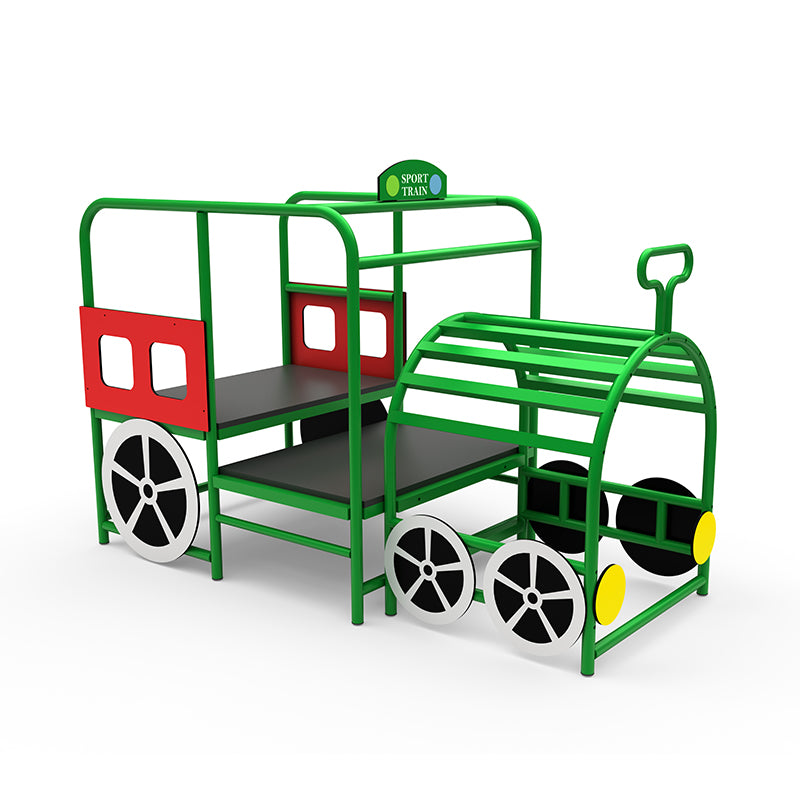 Happy Harvester Sensory Integration Training Train with green metal frame, red panels, black and white wheels, and play seats for group play and teamwork