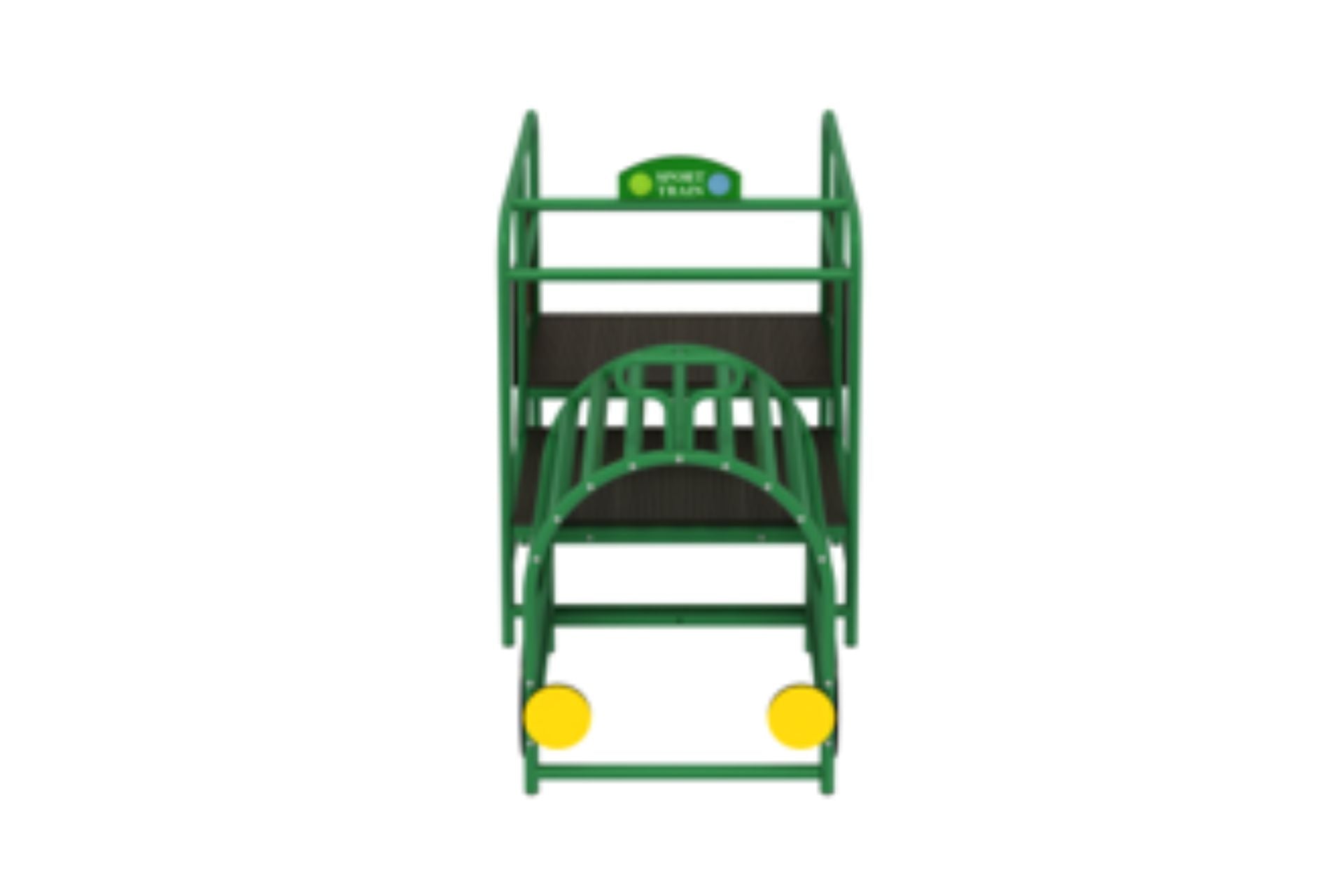 Green sensory integration ride-on train with yellow accents, black seats, and safety rails, front view.