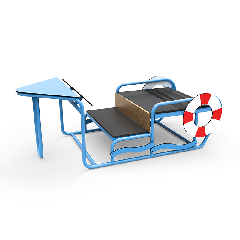 Blue and black sensory play boat with wooden seating, steering wheel, divider, and red-white lifebuoy detail