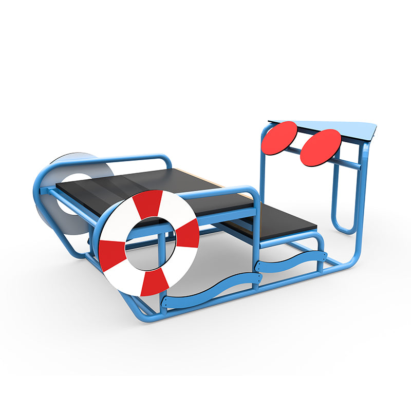 7 Seas Sensory Integration Training Boat with blue frame, black seats, red and white lifebuoy, and red steering wheels for group play and coordination development
