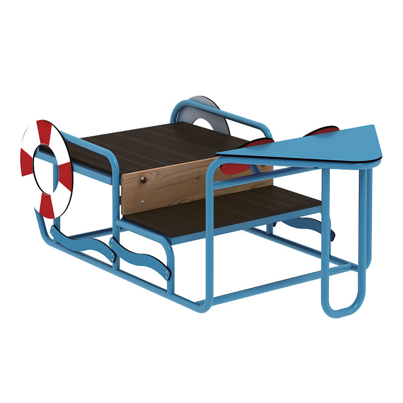 Blue and brown sensory integration training boat with life preserver and steering wheel, designed for group play and coordination.