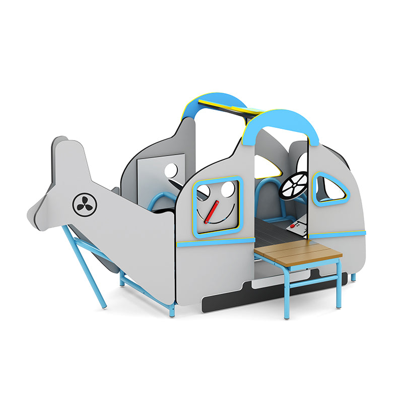 Colorful freestanding children's play helicopter with interactive panels, steering wheel, and bench seating for imaginative playground fun