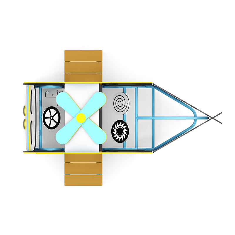 Overhead view of colorful children's ride-on copter with blue propeller, steering wheel, and playful spiral and sun designs