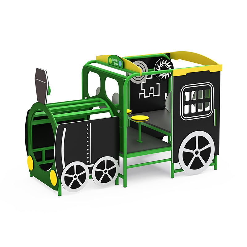Charlie the Choochoo Train play equipment in green, black, and yellow with open sides, seating, and decorative wheels