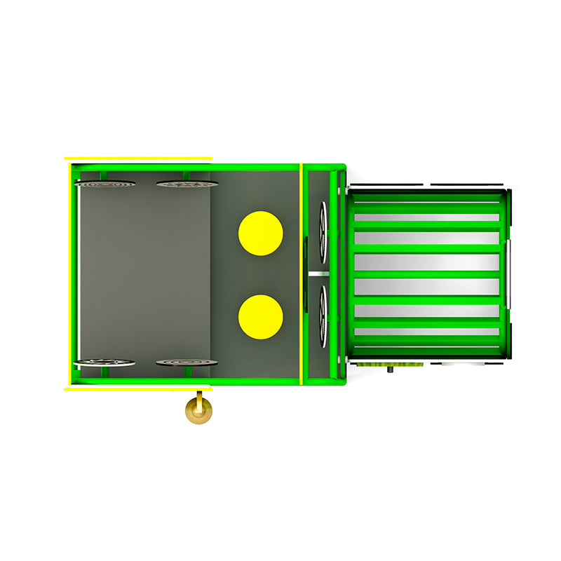 Overhead view of a green and yellow children's play train with two yellow circular seats and black steering wheels