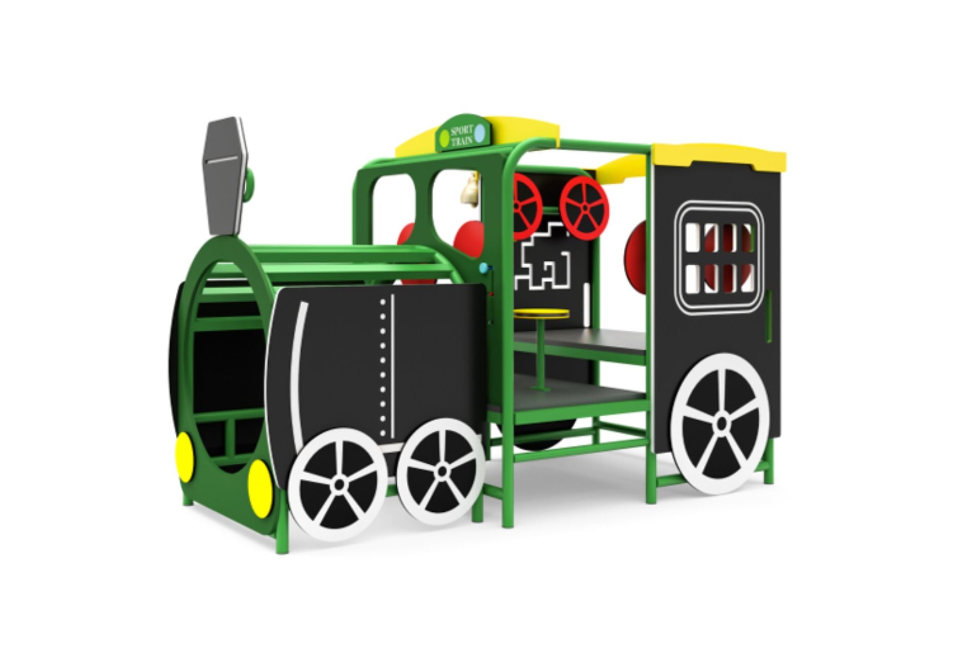 Green and black children's play train with yellow accents, red steering wheels, and interactive panels for group play and imagination.