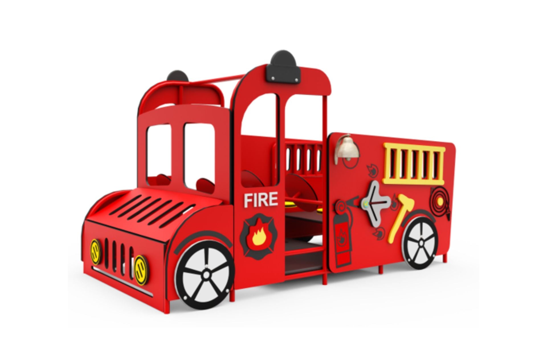 Franny The Fire Truck play event, red children's fire truck play structure with interactive movable parts and engaging games