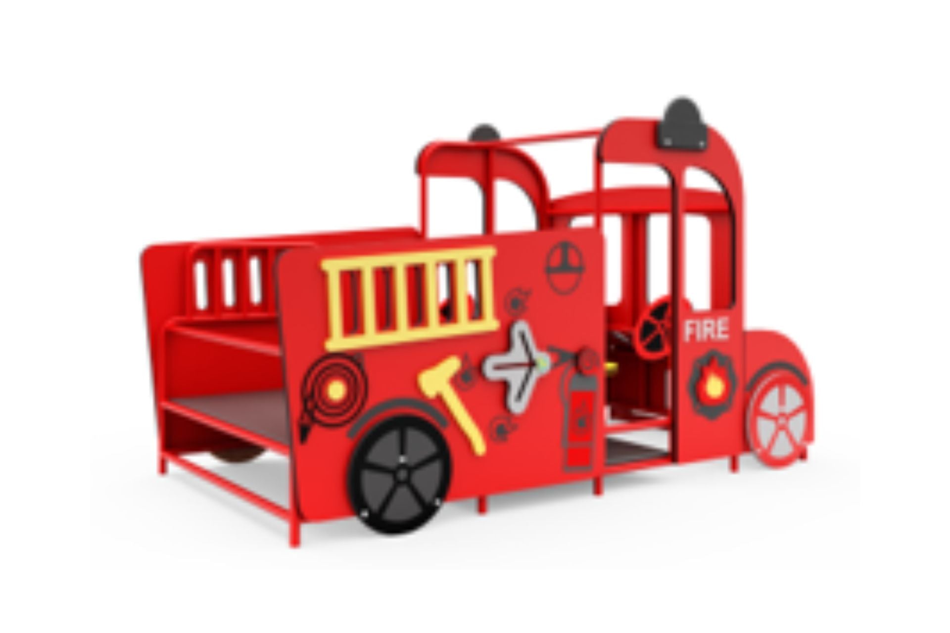 Red children's fire truck play structure with ladder, hose, fire extinguisher, and steering wheel details for imaginative outdoor play
