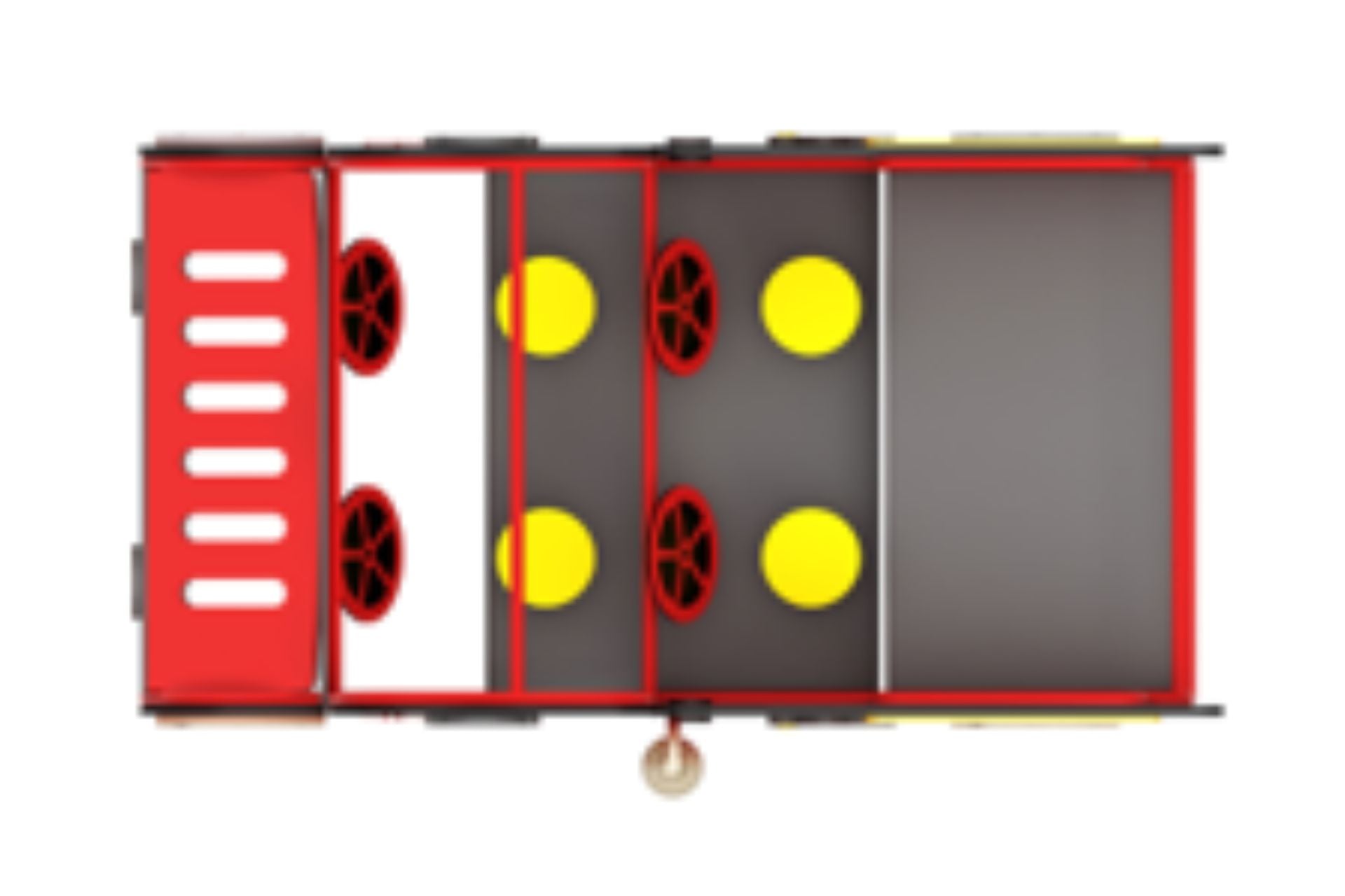 Overhead view of a red and yellow children's fire truck playset with steering wheels and seating areas for imaginative firefighting play