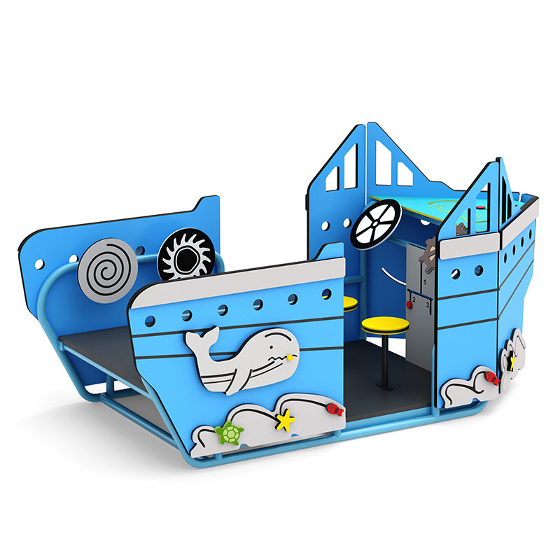 Blue freestanding tugboat play structure with steering wheel, interactive gears, and marine animal figures for cooperative play