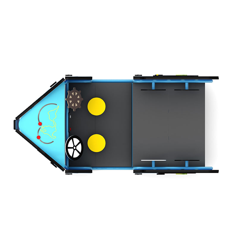 Overhead view of a blue and black freestanding tugboat play structure with yellow seats, steering wheels, and interactive panels