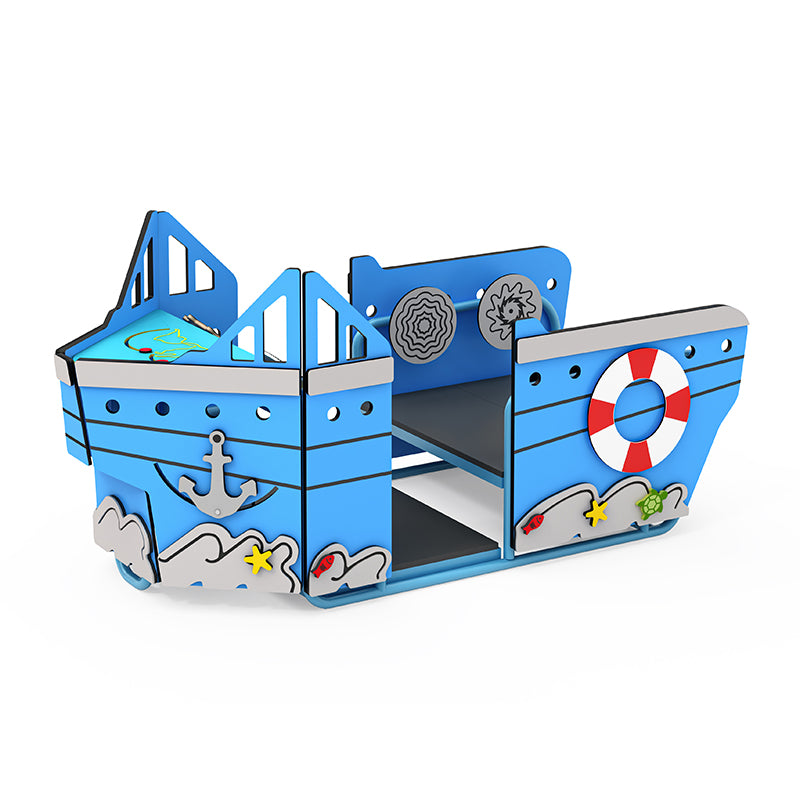 Tugboat Tom freestanding blue tugboat play equipment with marine-themed panels and interactive elements for imaginative play