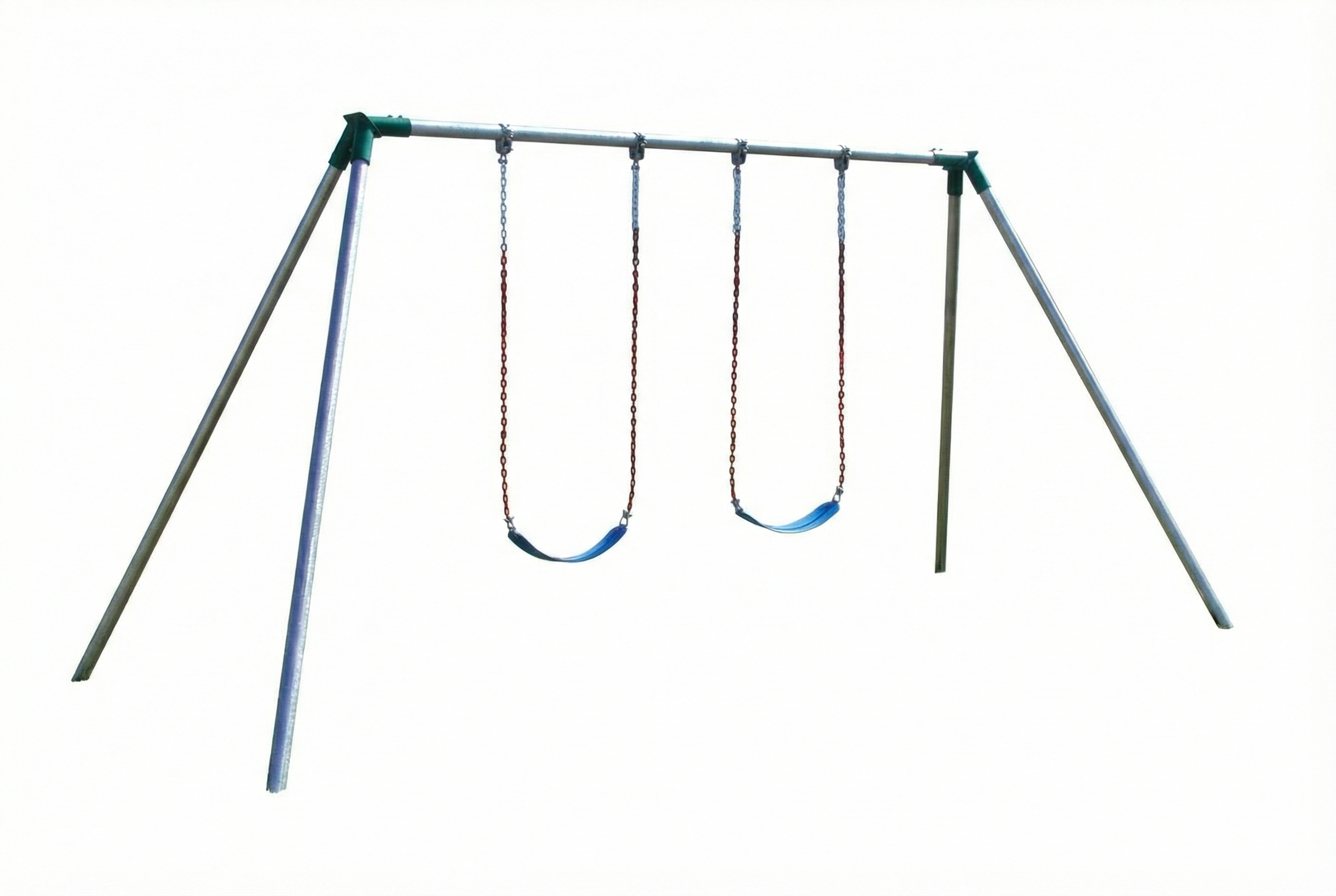 Standard 10 Foot High Residential Swing Set with metal frame, green connectors, and two blue swing seats on grass