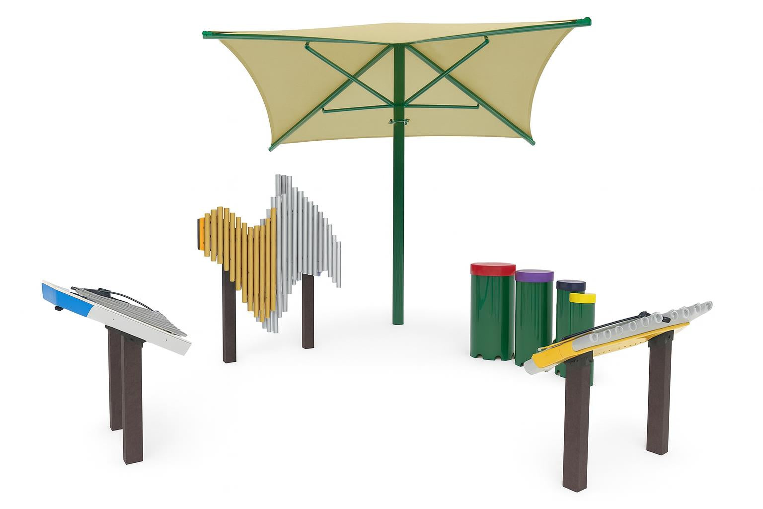 Deluxe Collection Outdoor Musical Park Instrument with colorful tuned drums, xylophone, metal pipes, and green shade in park setting