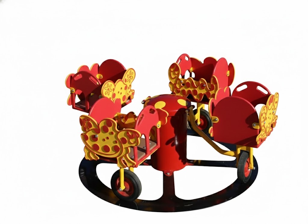 Carrington's Carousel four-seat merry-go-round with red and yellow animal-themed seats on solid steel track for outdoor play