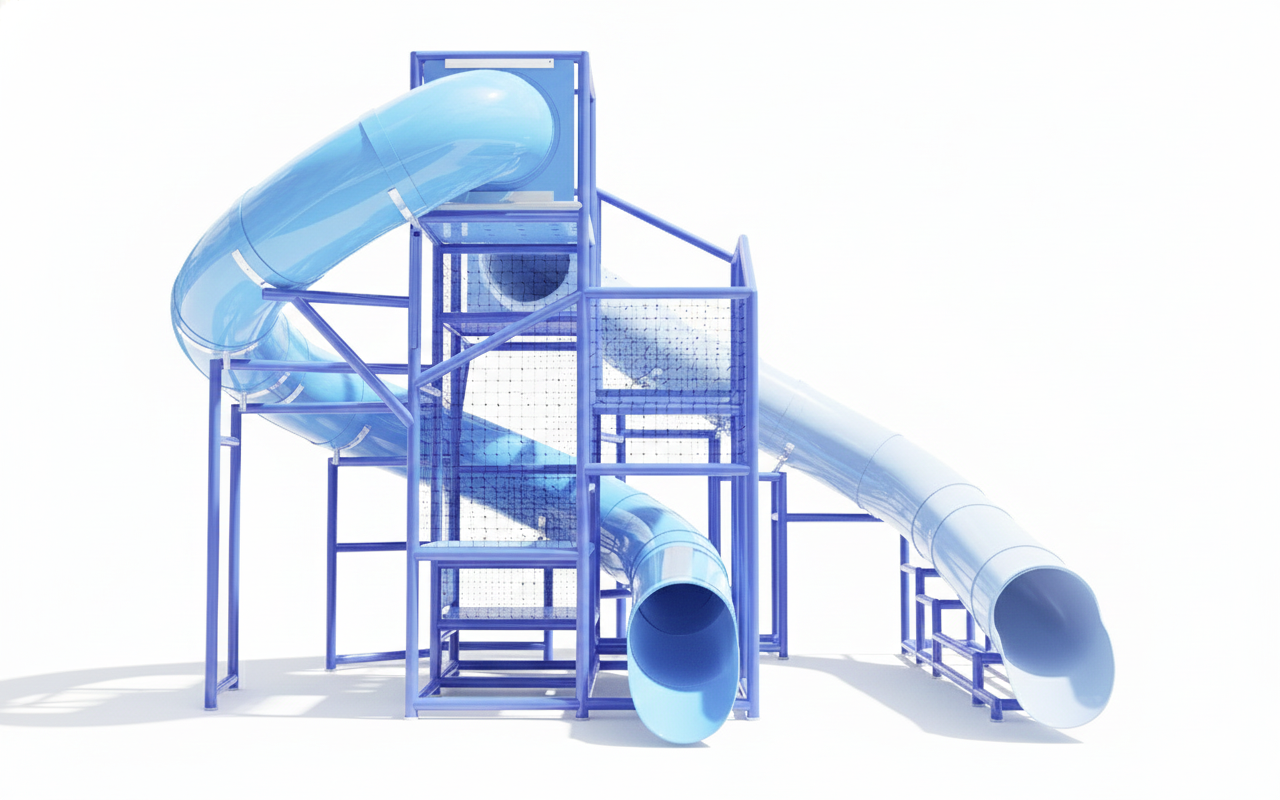 Snake River Water Slide with blue dual flumes, one enclosed twist and one open, supported by metal frame at outdoor pool