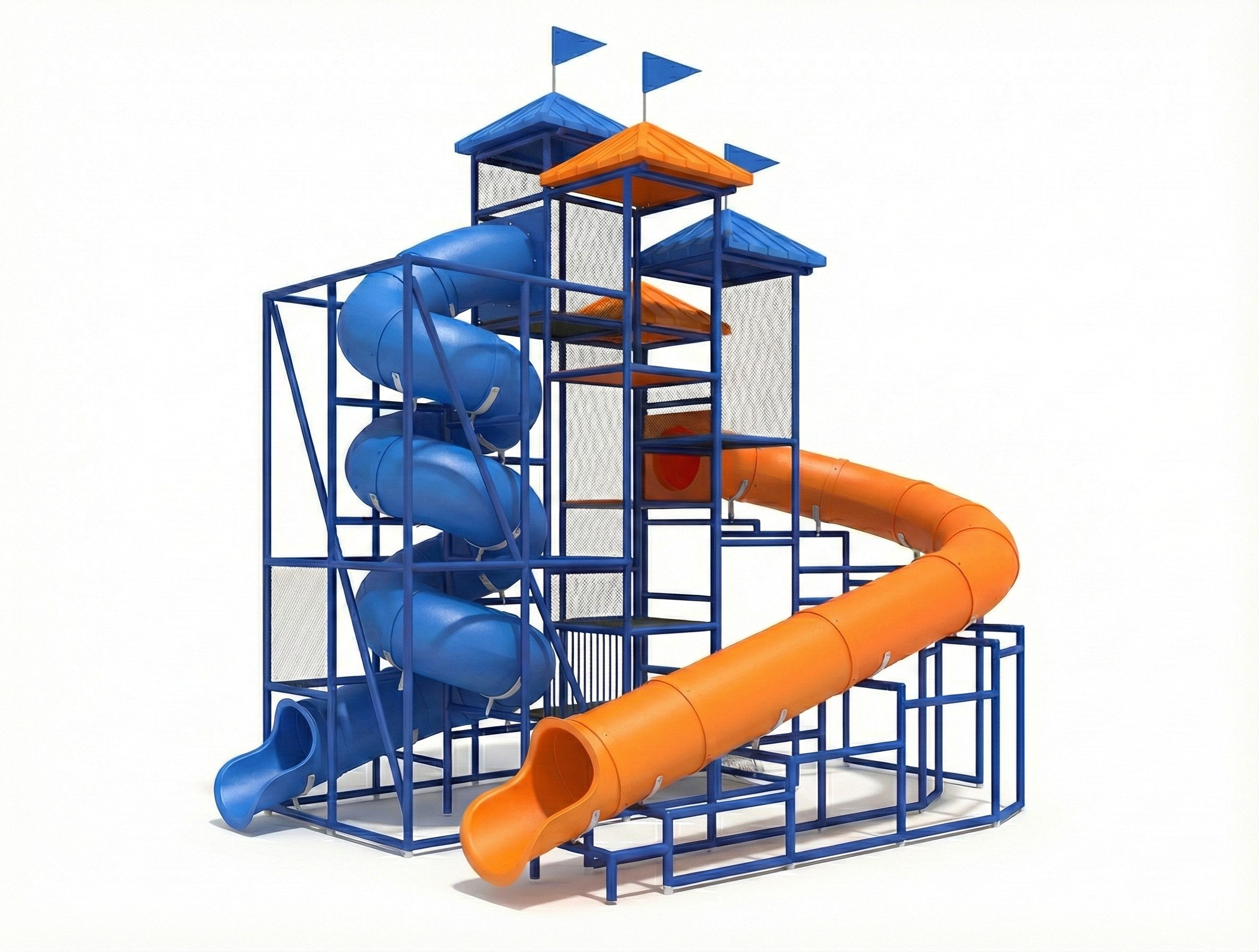 The Coral Sea Water Slide with blue spiral and orange curved flumes on blue metal frame by poolside under clear sky