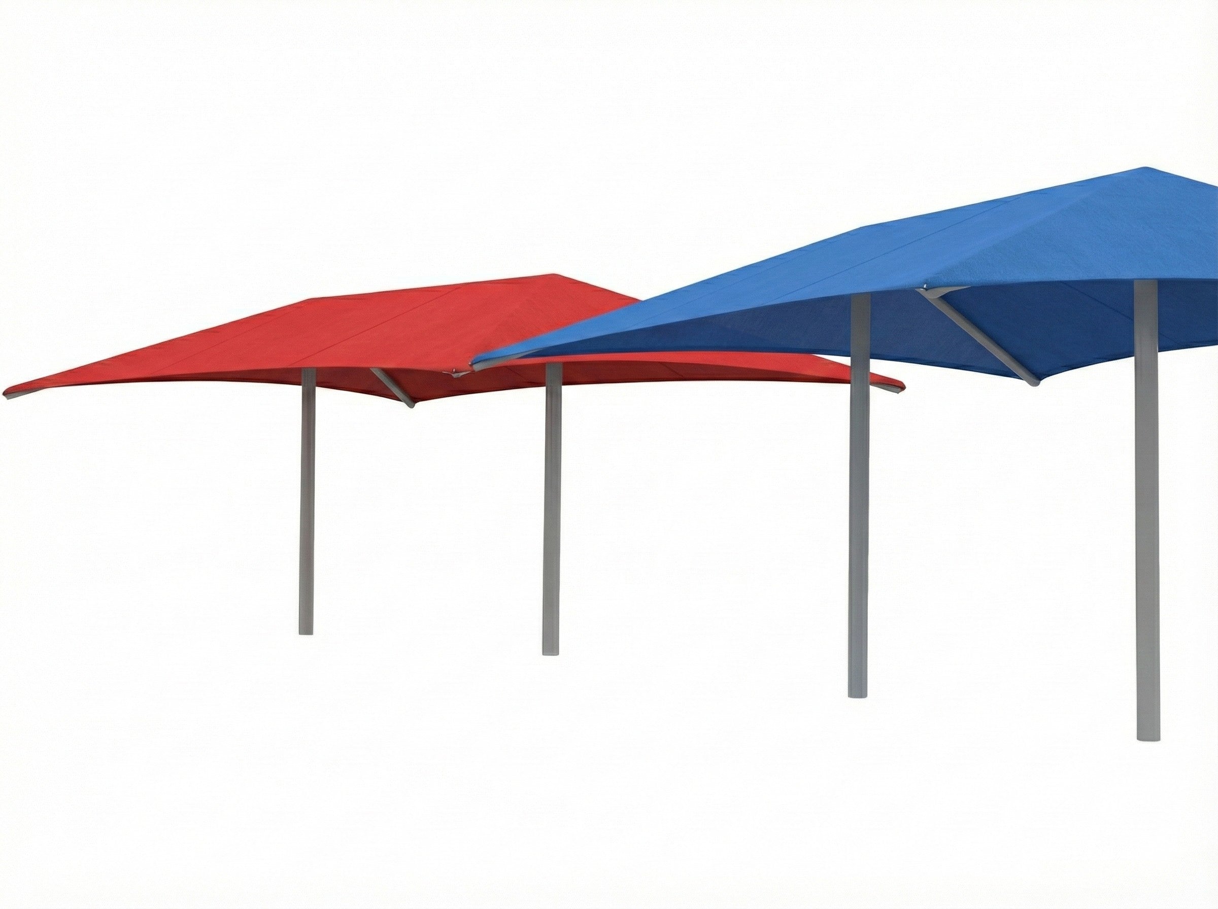 Hip Roof Shade Structure with 2 Posts in blue fabric and gray poles providing UV protection over poolside lounge chairs and picnic tables