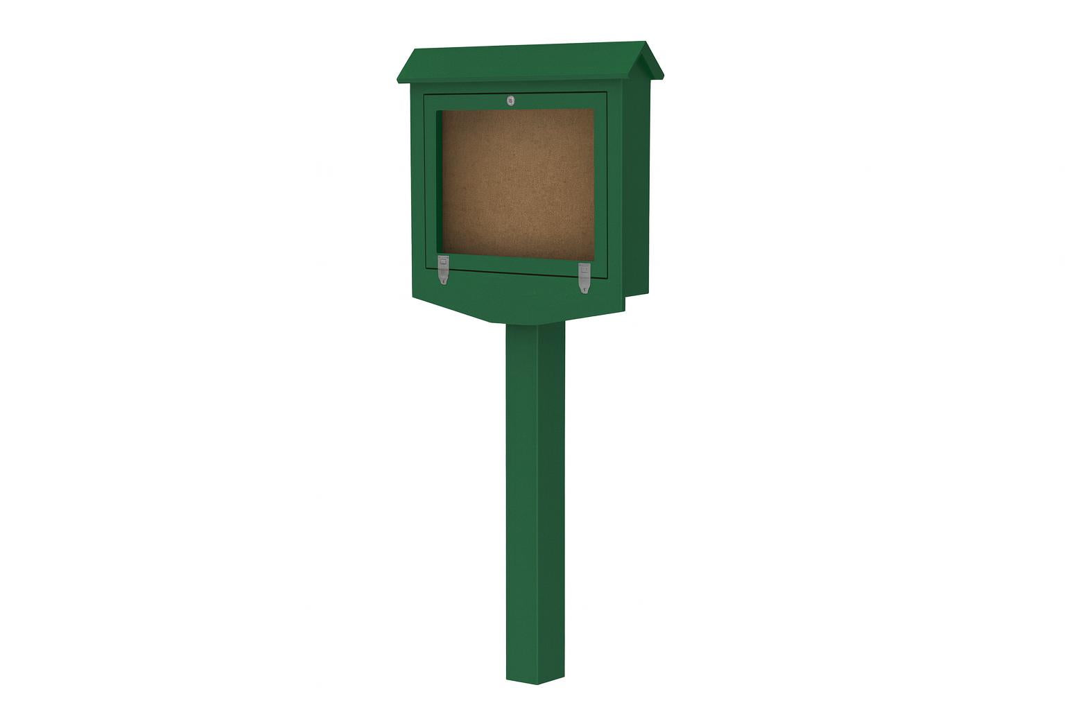 Small Recycled Plastic Hinged Message Center in green with lockable door and cork bulletin board on single post for outdoor community use