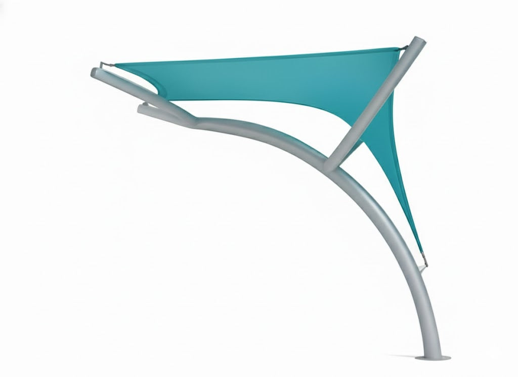 Pegasus Shade Structure with turquoise fabric canopies and curved silver metal supports over lounge chairs along a waterfront promenade