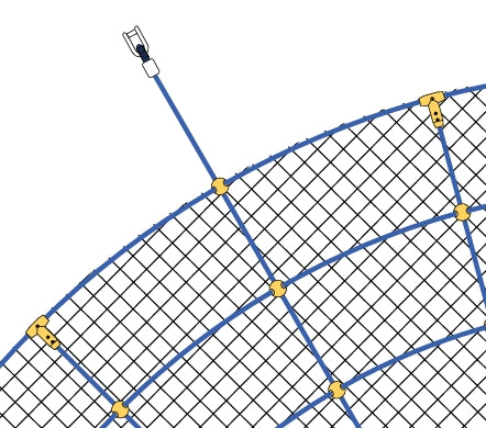 Close-up of blue and black semi-rigid climbing net with knot and tee connectors and stainless steel hardware