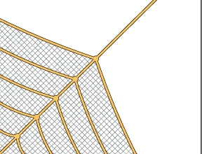 Close-up of spider web climbing net corner with orange ropes, black mesh, and detailed knot connections on flexible polyester rope.
