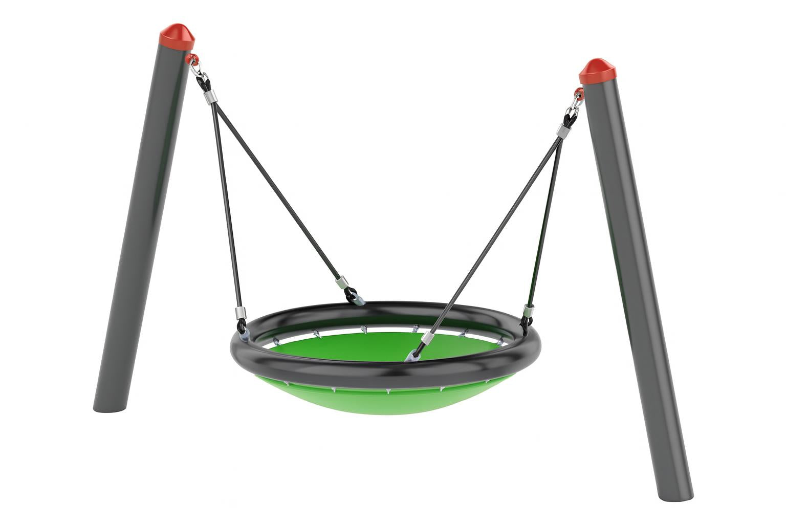 Bird's Nest Mini Cradle swing with green nest seat, black frame, and red-topped gray support posts