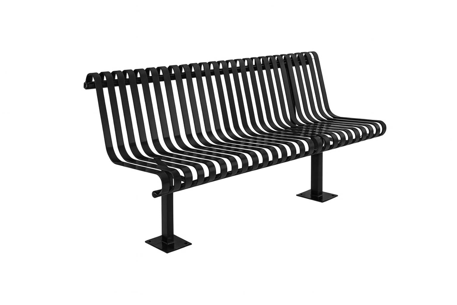 Kensington Bench with Back black metal outdoor bench with rolled vertical slats and backrest beside matching trash receptacle on paved park path