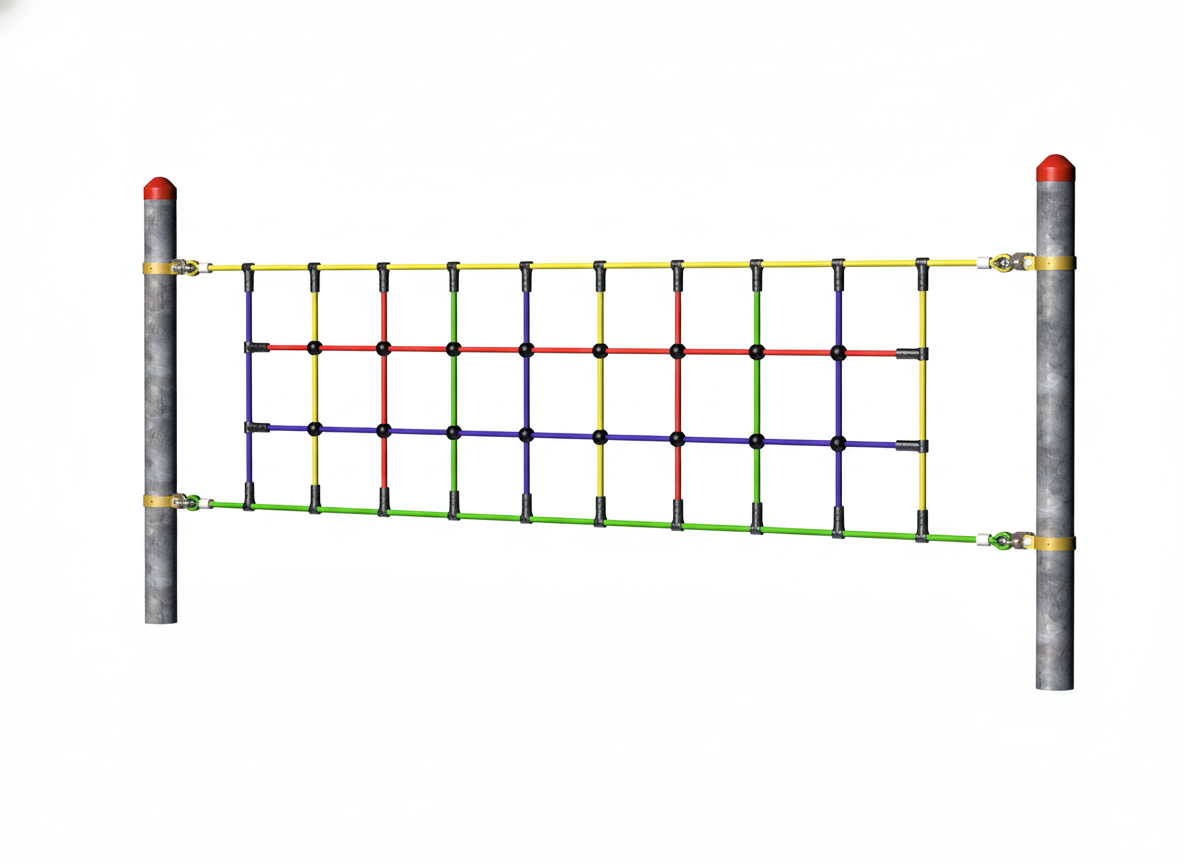 Haiger Adventure Course Climbing Net with colorful rope grid and steel posts for motor skill development and adventurous play