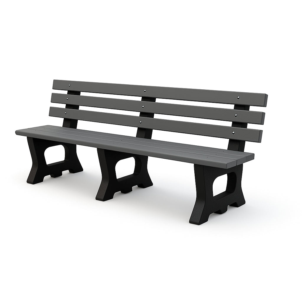 Gray recycled plastic park bench with three horizontal slats and sturdy black aluminum supports, angled view