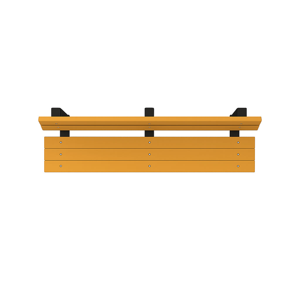 Overhead view of a yellow recycled resinwood park bench with black aluminum supports and horizontal slats