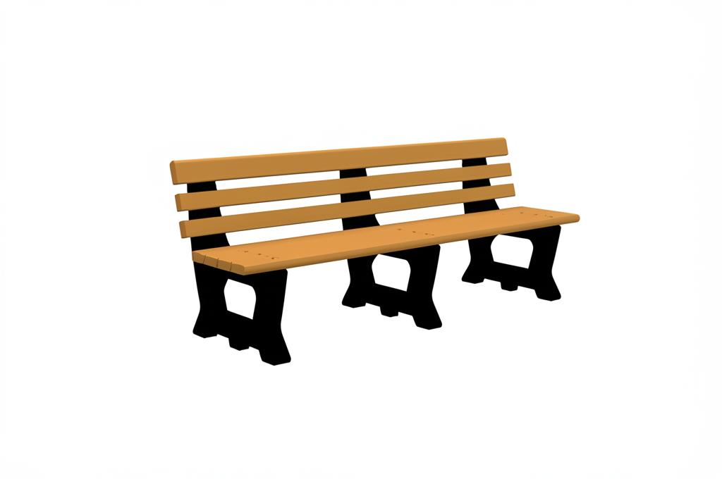 Outdoor park bench with tan recycled resinwood slats and black heavy-duty aluminum frame, angled side view